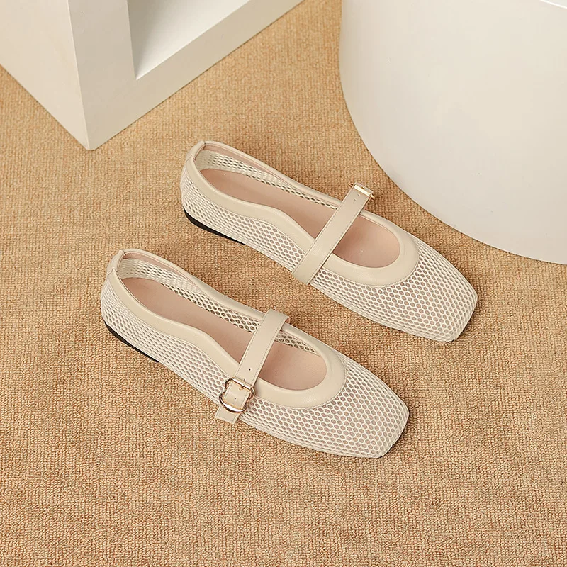 Fashion Square Toe Mesh Ballet Flats Buckle Strap Mary Janes Breathable Hollow Out Single Shoes Female Flat Bottom Casual Shoes