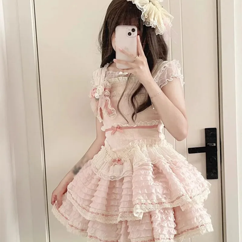 

Pink Layered Cake Dress Sweet Cute Heavy Work Pettiskirt