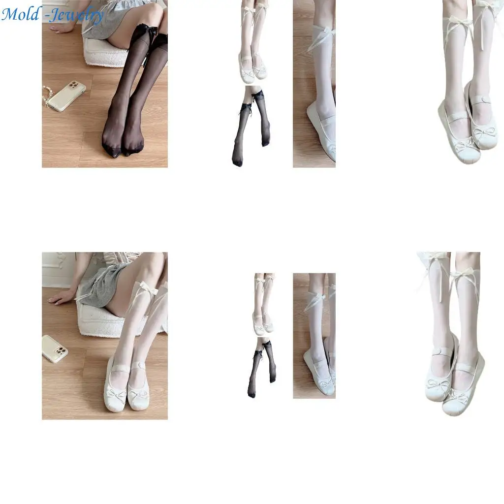 

69HB Bowknot Knee Highs Sock Summer Thin Tube Socks Stocking Bows Sheer Silk Stocking