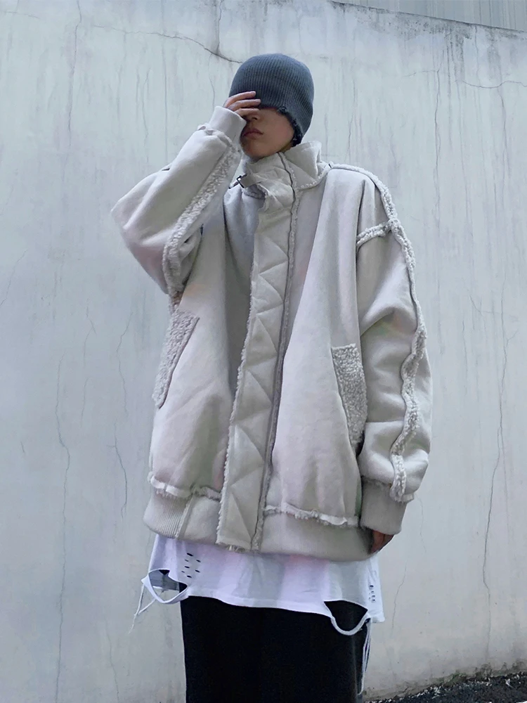 

Lamb Fur Lined Thiened Oversize Stand Collar Fce Jaet for Men Casual Winter Warm Cotton Workwear Trendy Youth Sle