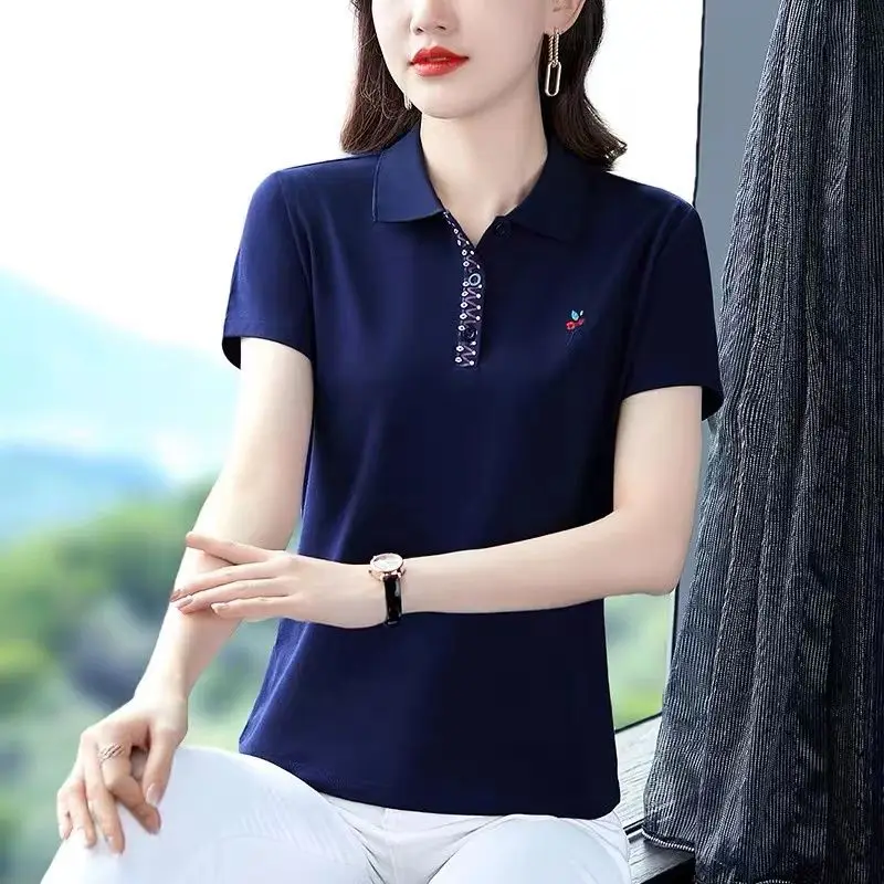 Women\'s Clothing 2024 New Summer Korean Fashion Embroidery Loose Tees Short Sleeve Polo Collar T-shirts Female Casual Solid Tops