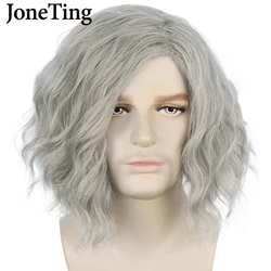 JT Synthetic Gray Men's Short Wavy Wigs with Bangs Light Grey Curly Heat Resistant Cosplay Fiber Wig Full Machine Made