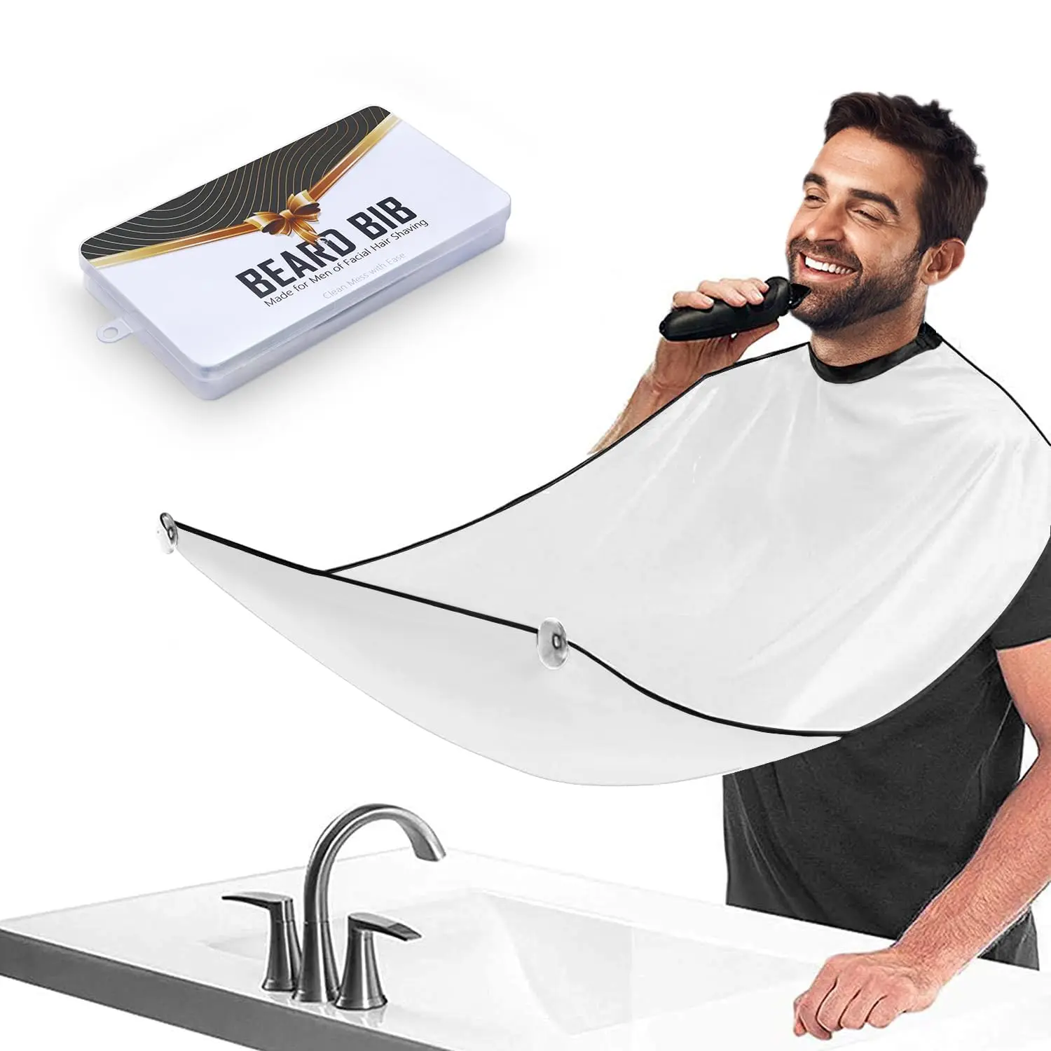 

Bib Apron for Men, Father's Day Gift Beard Trimming Catcher Bib for Shaving & Hair Clippings, Waterproof Non-Stick Hair Catcher Grooming Cloth with 2 Suction Cups(White)