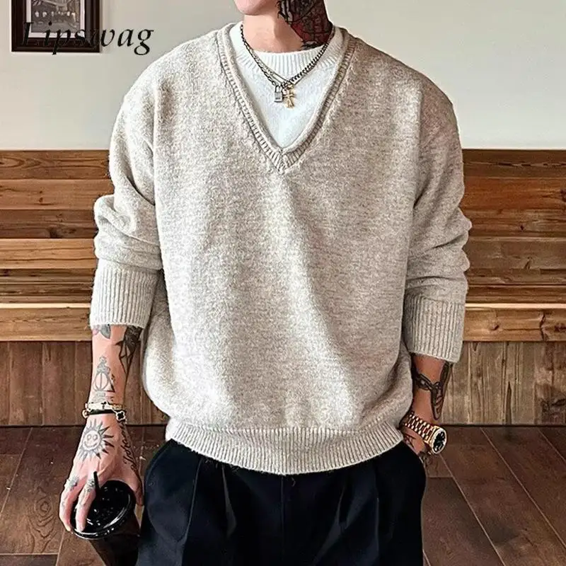 مزدوجة الطبقات المرقعة البلوزات الرجال Vintage سليم كم طويل الحياكة تي شيرت رجالي 2026 ربيع الخريف العصرية متماسكة البلوز القمم