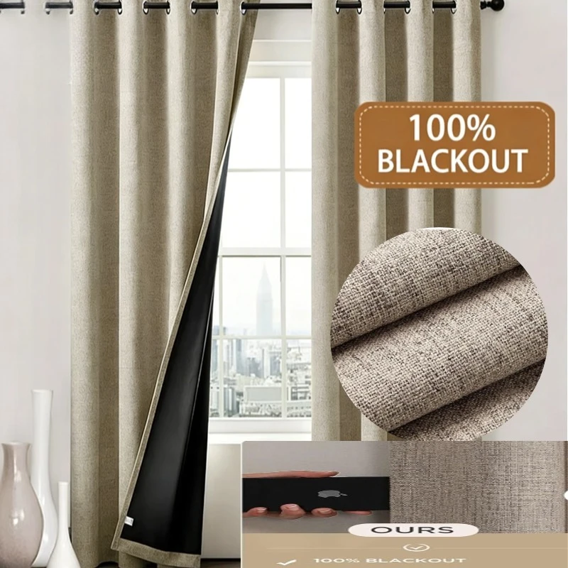Natural Linen look Curtains 100% Blackout Long Drapes for Bedroom Living Room Blackout Darkening Thermal Insulated