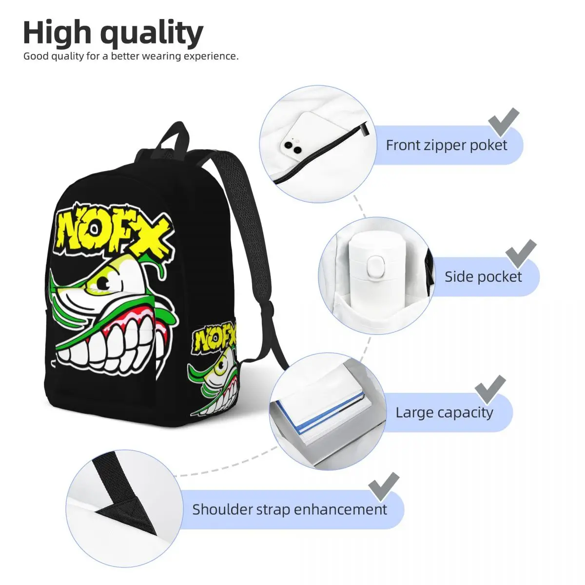 Punk Rock Zipper Encerramento Daypack, N-Nofx, Aniversário Adolescente, Dual-Use Kindergarten Bag, Piquenique