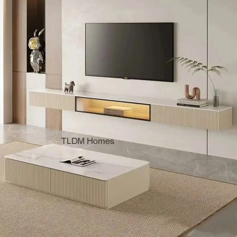 

Nordic Solid Wood Suspended LED Smart Light TV Cabinets Living Room Furniture Modern Hanging Slate Luxury Wall TV Stands