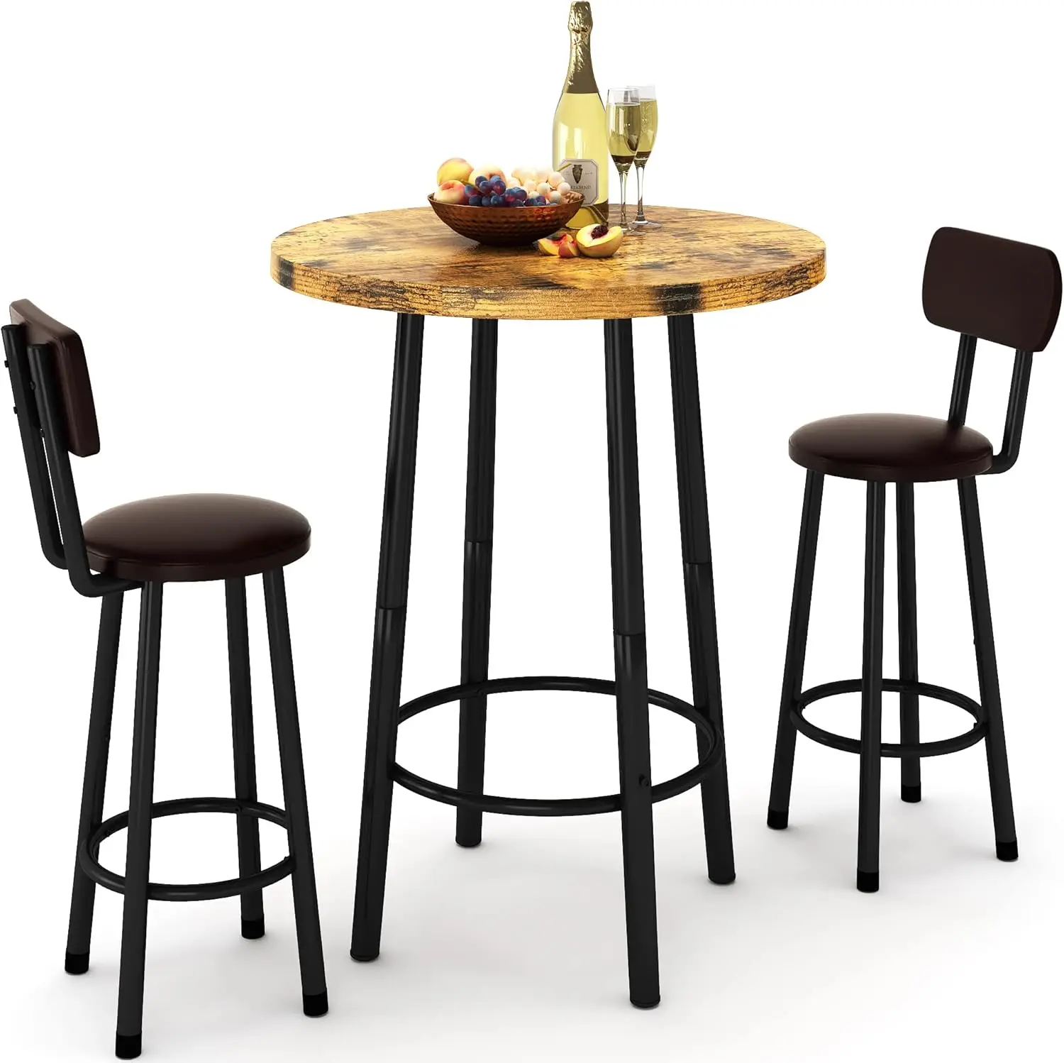 3 Piece Pub Dining Set,Modern Bar Table and Stools for 2 Kitchen Counter Height Wood Top Bistro Easy Assemble for Breakfast Nook