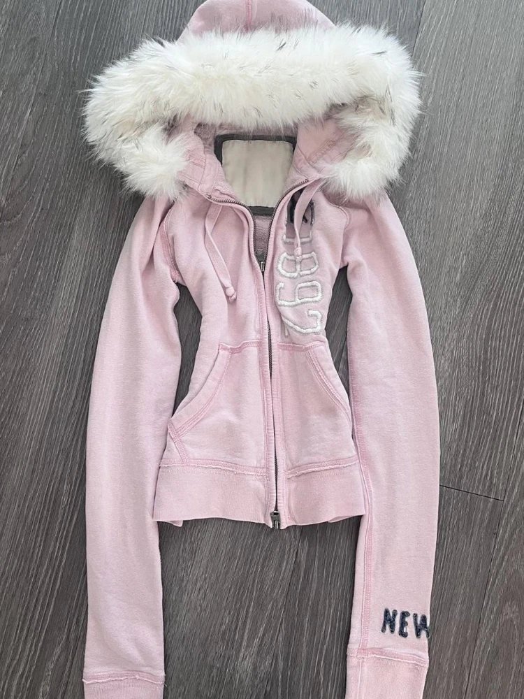 Winter Retro Pink Fur Hoodie Women's Y2K Harajuku Artificial Fur Collar Jacket Fashion Slimming Belt Hot Girl Sportswear view 5