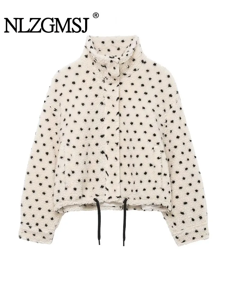

NLZGMSJ флисовая женская повседневная куртка-бомбер в горошек, осень-зима 2022, свободное теплое пальто с длинным рукавом и воротником-стойкой, женский топ Y2K