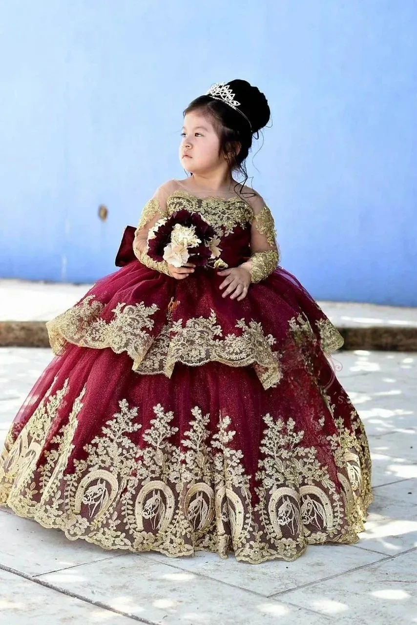

Бордовое платье с цветочным узором для девочек по индивидуальному заказу на свадьбу с бантом и кружевными аппликациями, бальное платье для первого причастия для маленьких девочек, платья для дня рождения