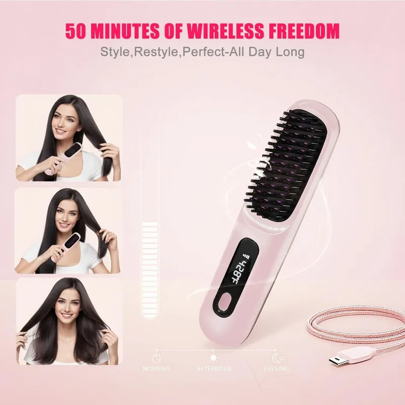 

B46B-Wireless Portable Mini LCD Display Hair Straightener Brush-199 Million Negative Ions Straightening Comb