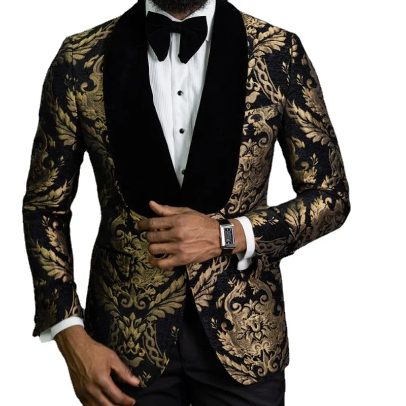 

Black And Gold Floral Men Suits For Prom Party 2 Piece Slim Fit Groom Tuxedo Male Fashion Jacket Pants Shawl Lapel Clothes 2024