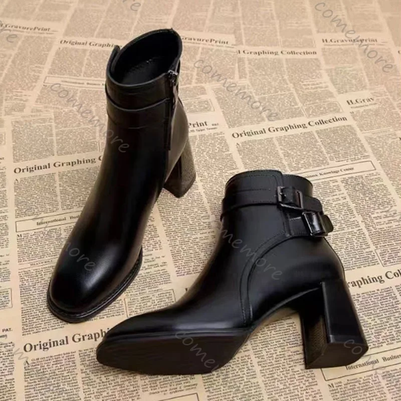 

Comemore Temperament Модные женские ботинки Черные женские ботильоны на высоком каблуке с круглым носком Осенне-зимние короткие ботильоны с пряжкой на ремне