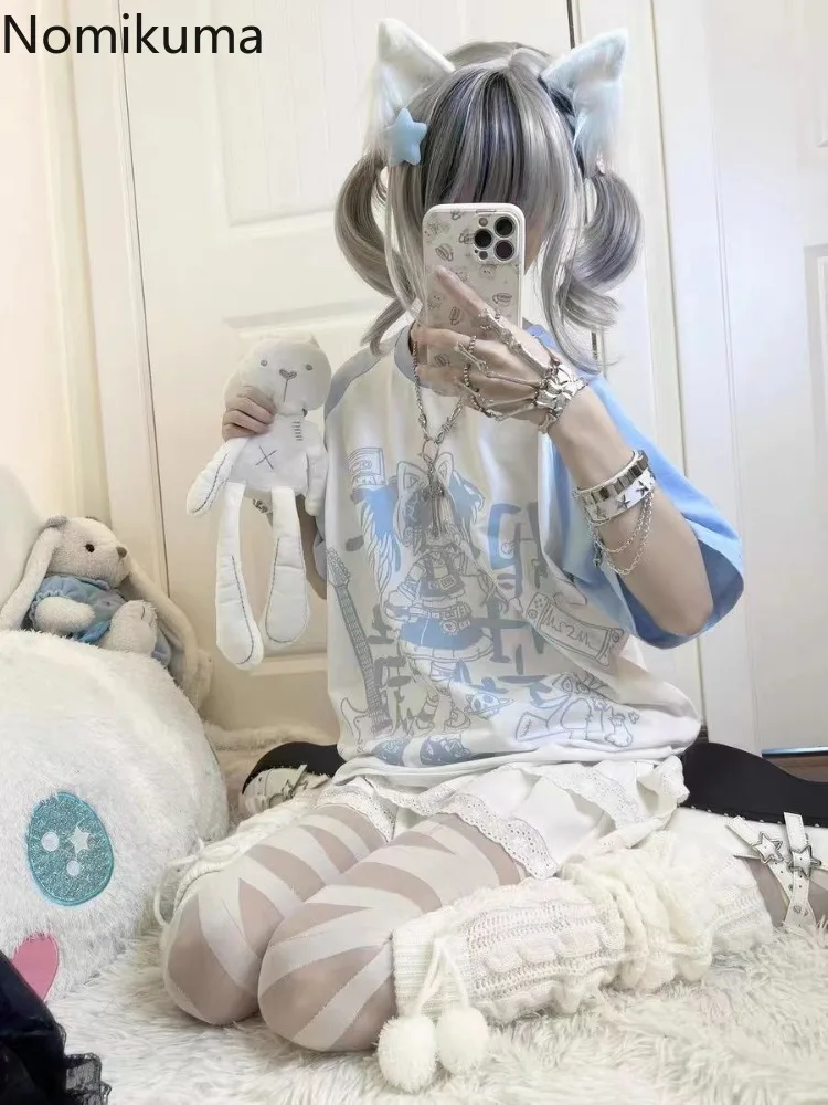 تيشيرتات نسائية قصيرة الأكمام برقبة دائرية ، ملابس هاراجاكي ، توبات كبيرة الحجم ، كاجوال أنيق ، جميل ، صيفي ، Y2K #5