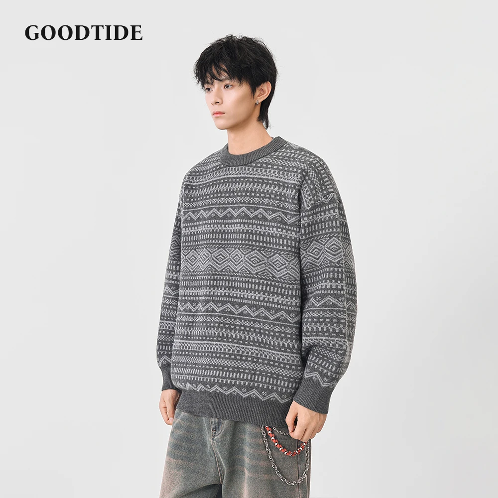 Fashion Men's Casual Crew Neck Sweater 2025 Winter New Ethnic Pattern Knitted Pullover Comfortable Soft Long Sleeve Jumper Top