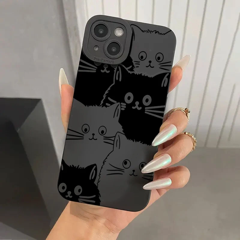 Simple Line Small Black Cat Print Phone Case For iPhone 15 Pro Max Cases iPhone 14 13 12 11 XS X XR 7 8 Plus Soft Silicone Cover