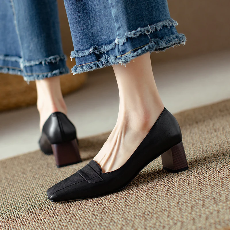 2023 Spring Summer Basic Women Pumps Office Ladies Party High Quality Genuine Leather Thick Heels Shoes Woman Fashion Concise