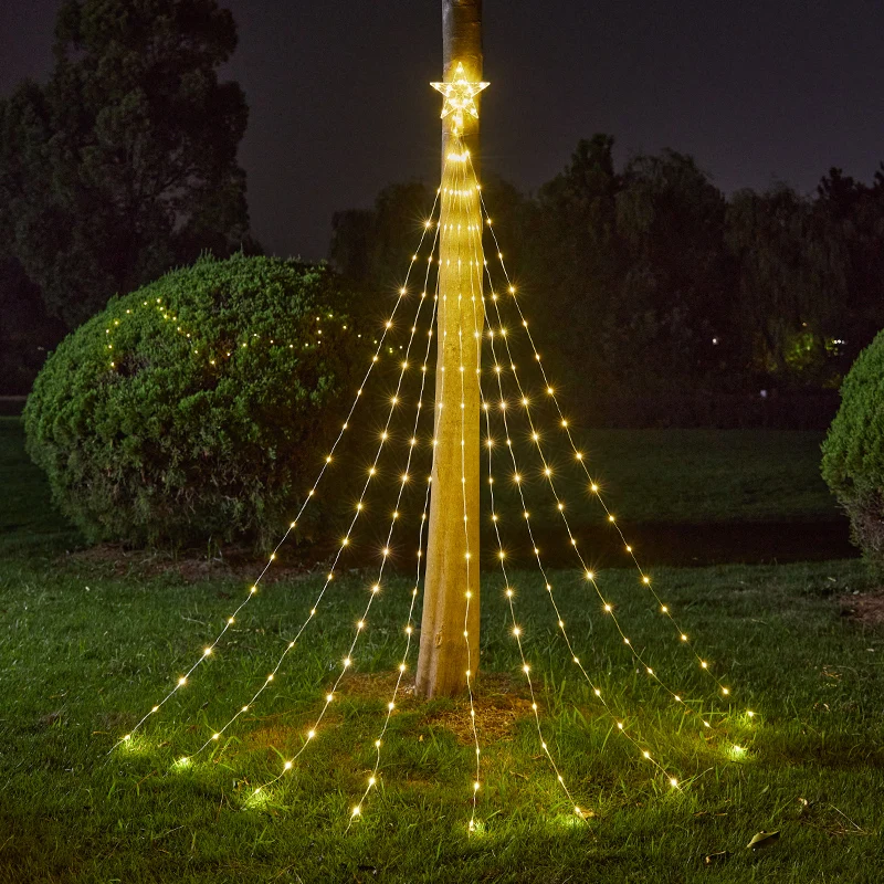 Decorazioni natalizie solari telecomando impermeabile Star String Lights lampada da fata con albero a cascata con decorazioni per esterni a stella superiore