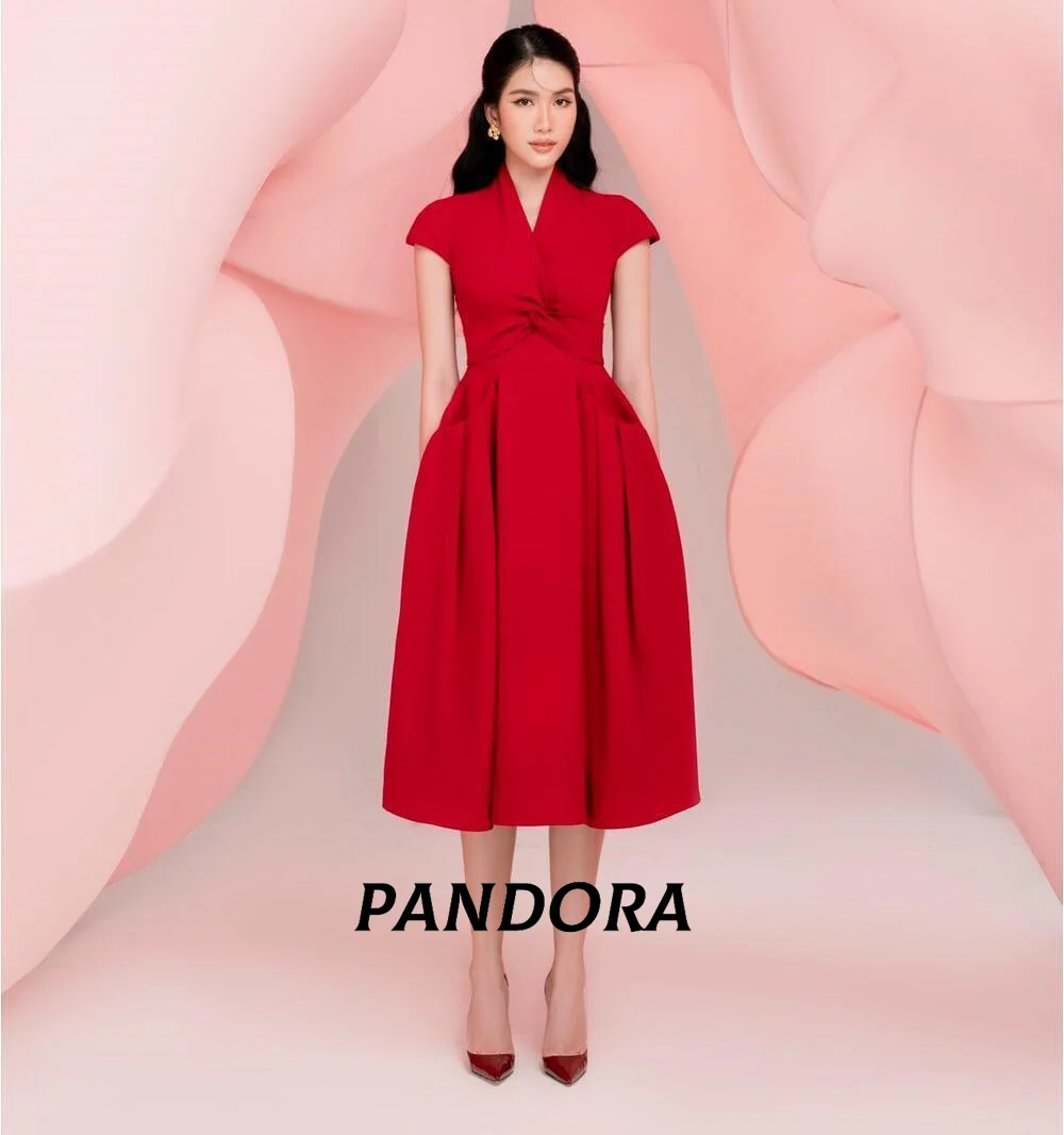 

Pandora Elegant Customized V Neck Pleated Formal Evening Dress Short Sleeve Prom Dress Dubai Wedding Party Dress فساتين سهرة