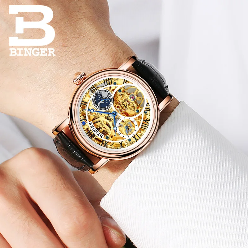 Switzerland BINGER For Mens Business Skeleton Automatic Wristwatch Sapphire Crystal Mechanical Hollow Out Dial Relogio Masculino