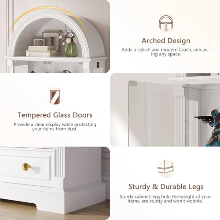 Arched display cabinet for living room, tempered glass doors, white finish, human sensor LED lights, 4-tier curio cabinet for c view 6