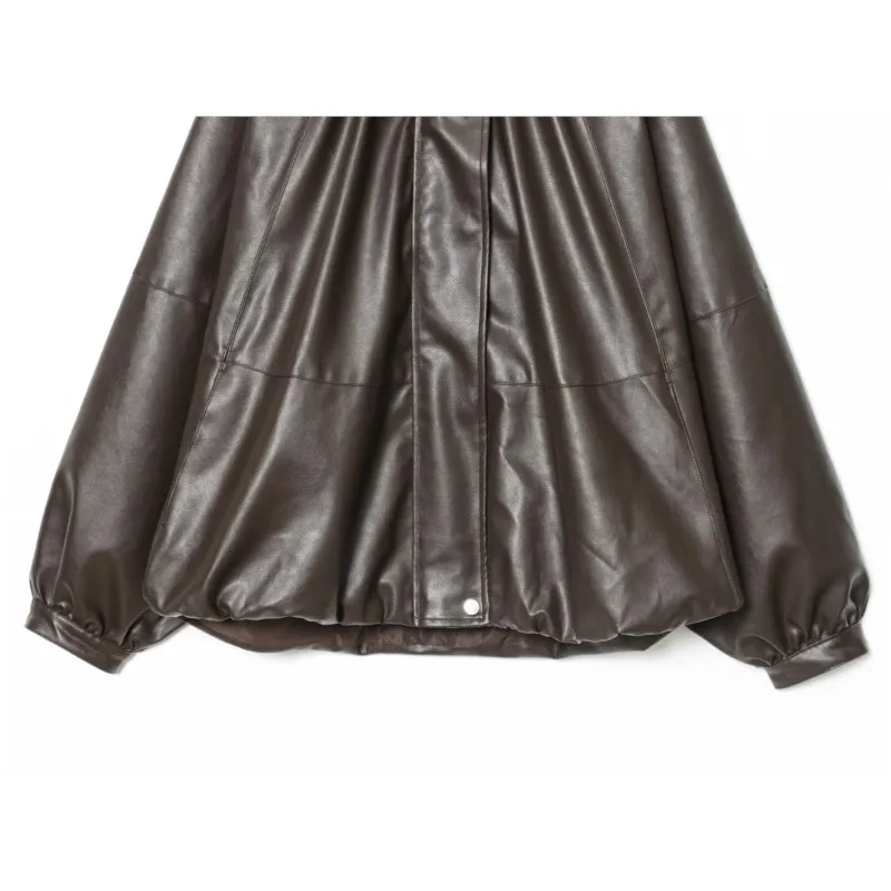 سترة جلدية نسائية موضة النمط الأوروبي بياقة عالية وأكمام طويلة معاطف نسائية مطوية قطع علوية أنيقة #4