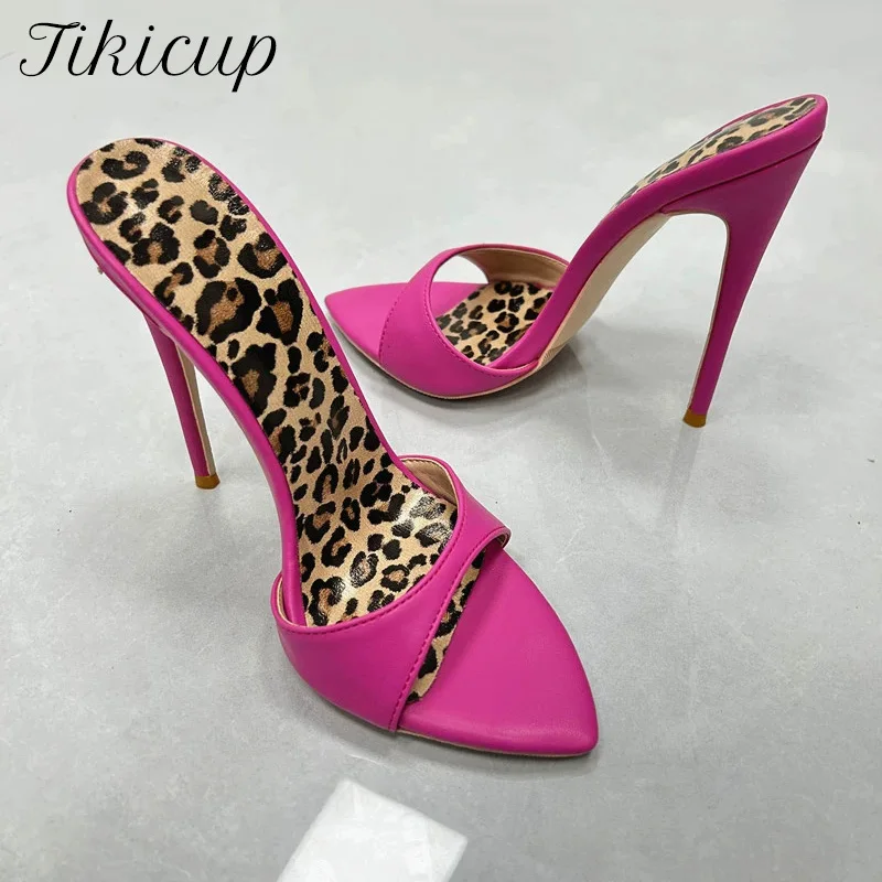 Tikicup NEW Hot Pink Leopard Print Mules Pointed Toe Stiletto Heels Open Back Slip-on Pumps for Women Party and Nightclub Wear