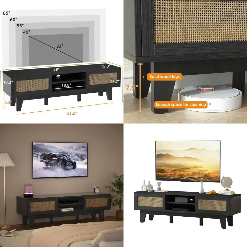 

Тумба под телевизор из черного ротанга для телевизоров 65 дюймов, в стиле бохо, с 2 шкафами и раздвижными дверцами, консоль шириной 59 дюймов