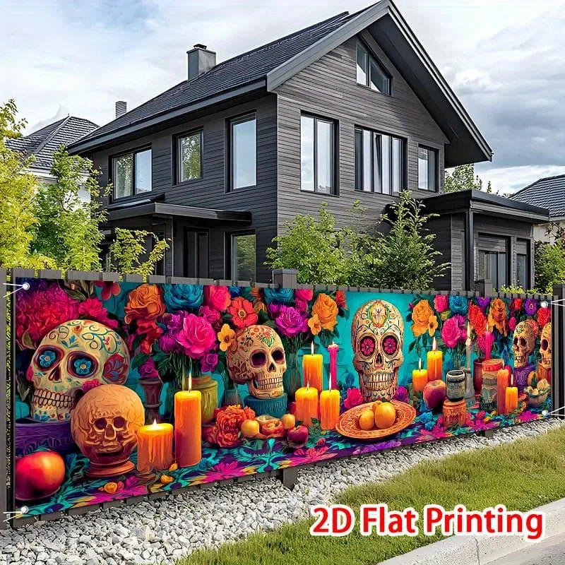 2D-Dekorationsbanner, 1 großes Halloween-Partybanner – Mexikanischer Zuckerschädel und Blumenmuster