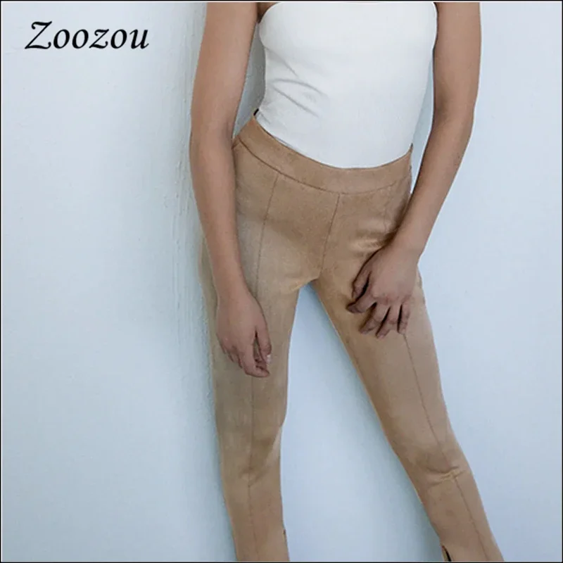 Women's Suede Leather Pant, Elastic, Slim, Zipper, Split Ankle Pants, Skinny Leggings, Stretch Pencil Trousers, Office Lady Work