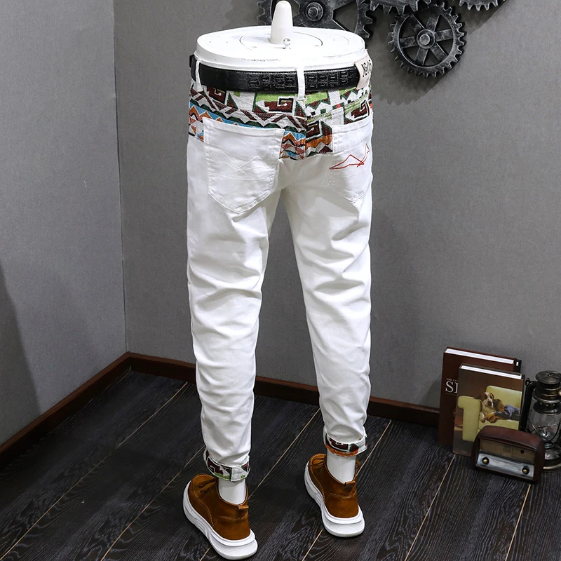 

Trendy White Camouflage Embroidered Nine-Tenths Jeans Men's Spring Korean Version Hole Elastic Slim Fit Small Foot Pants