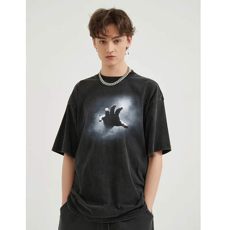 Hip Hop Streetwear Men T-Shirt Oversized Mysterious Hand Graphic T Shirt Retro Washed Black Tshirt Unisex Tops Tees Cotton