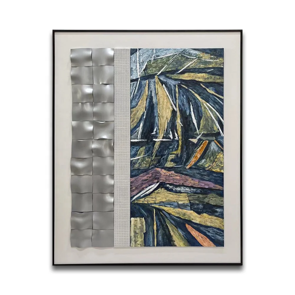 Silver Metal Abstract Green Plants 3D Wall Art Geometric Mixed Medium Rectangular Design Bedroom Living Room Decoration