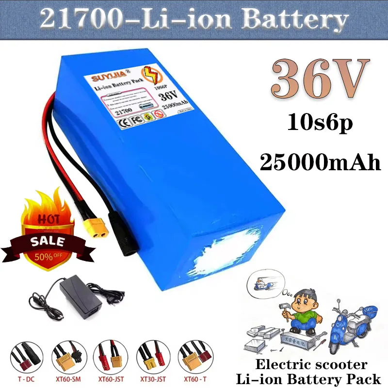 36V 25Ah 10s6p 21700 batterie au Lithium 250w 500w 800w 1000w 1200w 1500w Batteries cellule intégrée BMS 42V chargeur