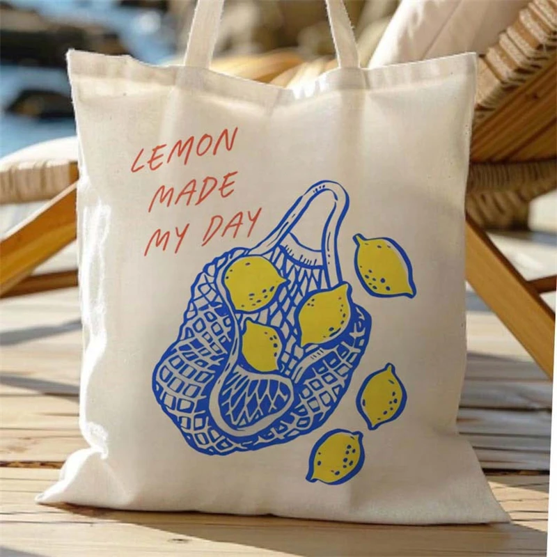 Travel Printed Cartoon Lemon Made My Day Pattern Reusable Student White Handbag Street Casual Cartoon Vacation Shopping Bag