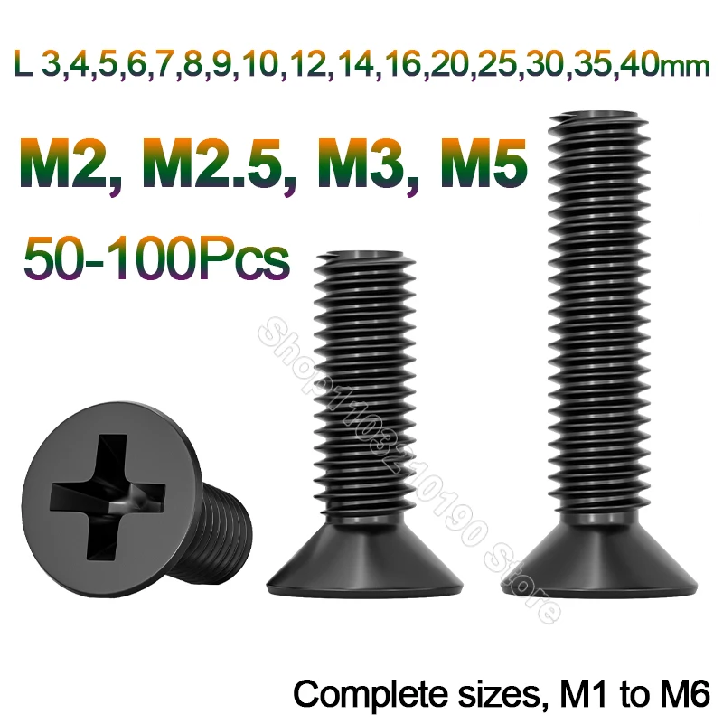 

M2 M2.5 M3 M4 M5 Mini Micro Small Black Carbon Steel Cross Phillips Flat Countersunk Head Screw Bolt GB819 Length 3 4 5 6 8-40mm