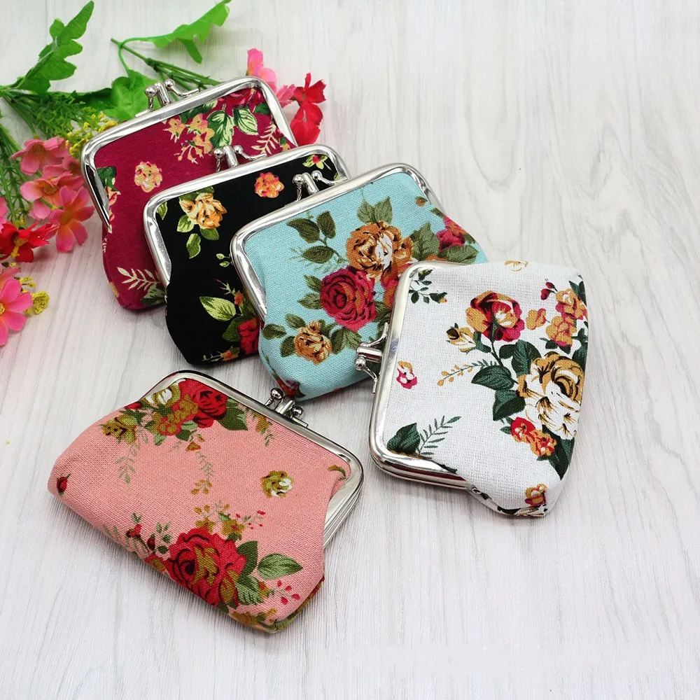 กระเป๋าใส่บัตรเครดิตกระเป๋าเก็บบัตรขนาดเล็กลายดอกไม้สำหรับกระเป๋าสตางค์ใบสั้นกระเป๋าใส่เหรียญผ้าใบดอกกุหลาบสองชั้นกระเป๋าใส่กุญแจ