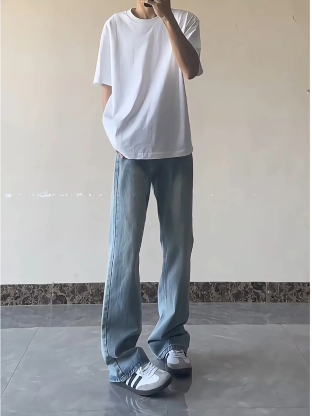 

Светло-голубые мужские летние тонкие джинсы прямого кроя с расклешенными штанинами в американском ретро-стиле, повседневные летние джинсовые брюки