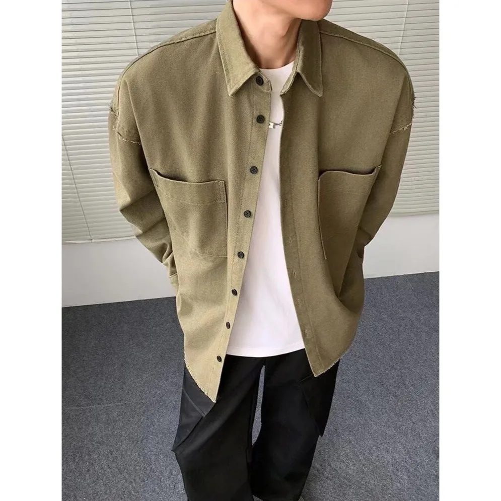 جاكيت دينيم رجالي فضفاض للخريف والشتاء، مقاس كبير مع شراشيب، تصميم أمريكي عصري، معطف عمل للشباب