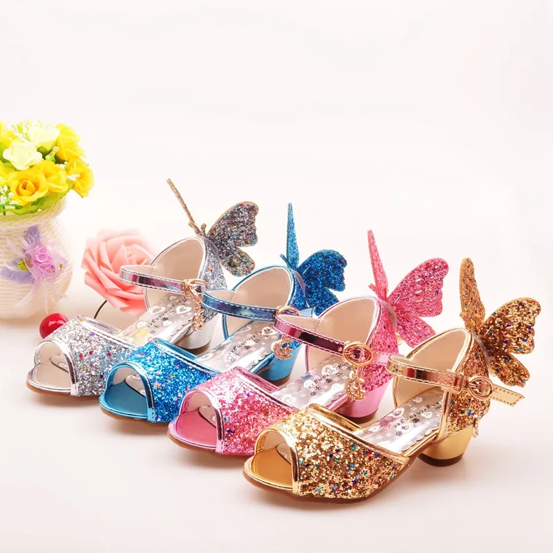 ULKNN Sandali Delle Ragazze Della Farfalla Del Rhinestone rosa scarpe da ballo Latino 5-13 anni 6 bambini estate 7 Tacco alto scarpe Principessa