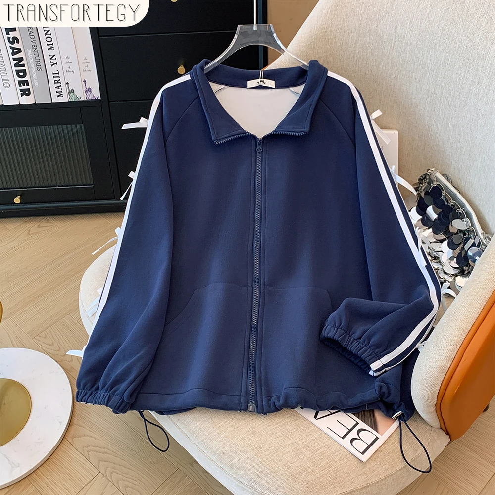 

Plus-size Women's Fall Casual Commute Loose Comfort Coat Blue zipper striped sleeve bow lapel pocket drawstring long-sleeved top