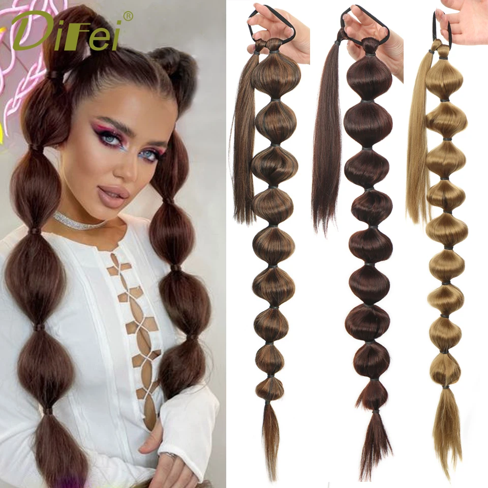 Extensión de cola de caballo sintética para mujer, extensiones de cabello de cola de caballo de burbuja de linterna, Natural, negro y marrón