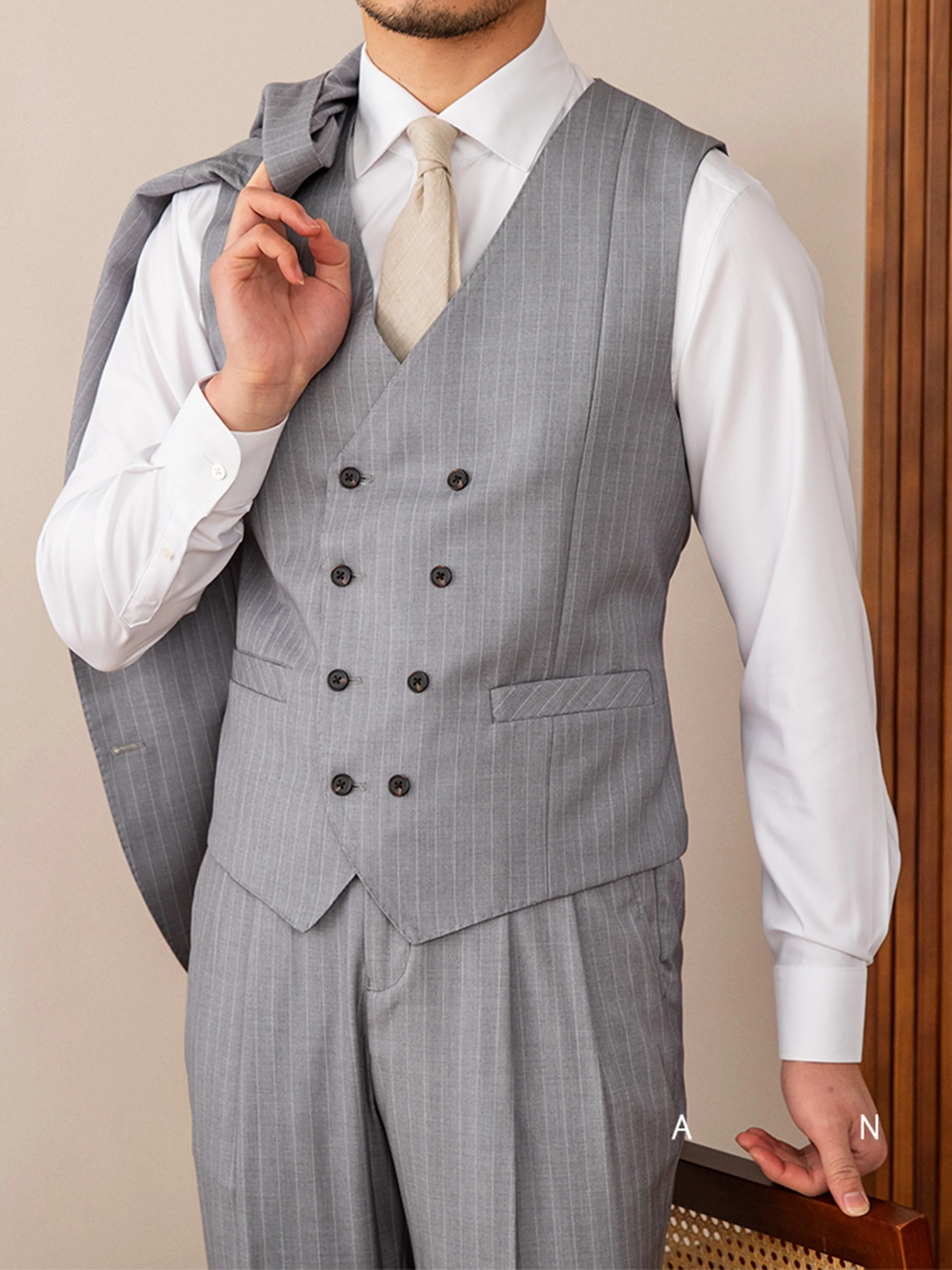 

Busin Casual Striped Vest Men's Faion Inner Wear Banquet Leisure Tank Top Double Row Buttons Commute Stand Fit