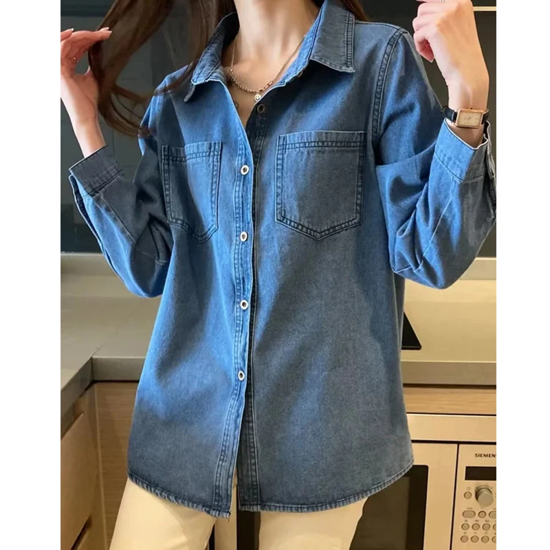 Retro Denim Shirt Autumn Long Sleeved Korean Version Long Sleeved Blouse with Two Pockets Casual Single Breasted Shirt 31151