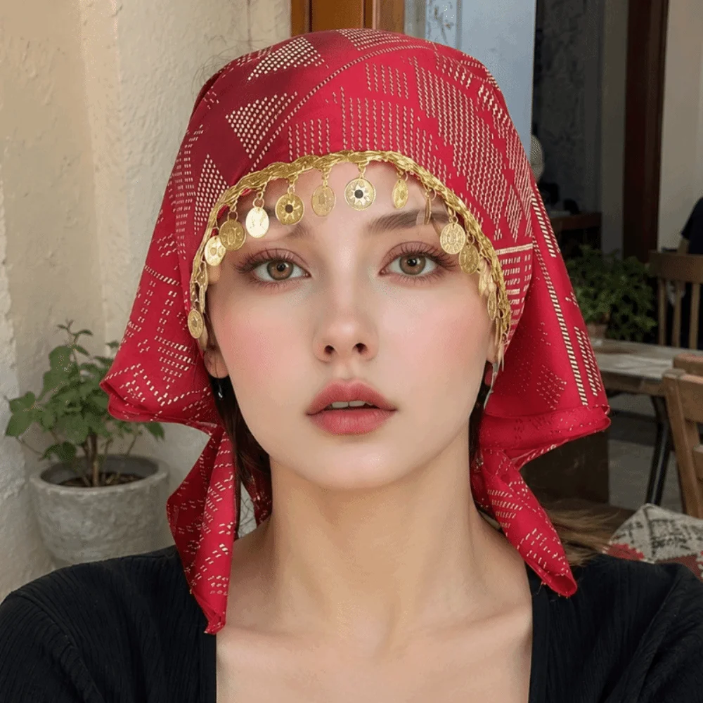 Retro Polyester Triangle Headscarf Floral Print Breathable Golden Beaded Hijab Sequin Lightweight Elegant Turban Hat Women