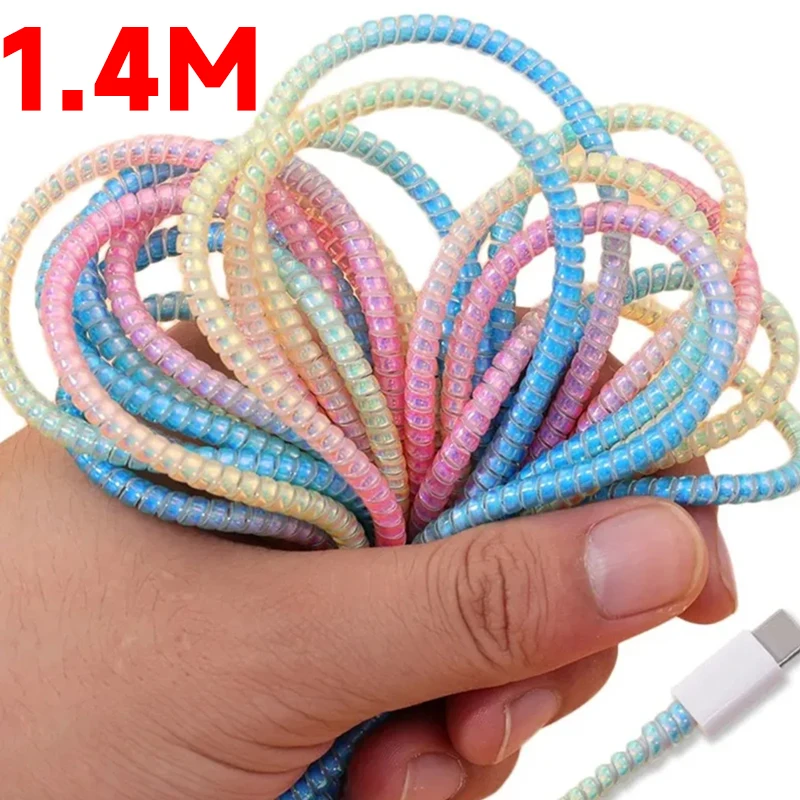 1.4m Color Phone Wire Cord Rope Protector Anti-break Spring Protection Rope for USB Charging Cable Earphone Data Bobbin Winder