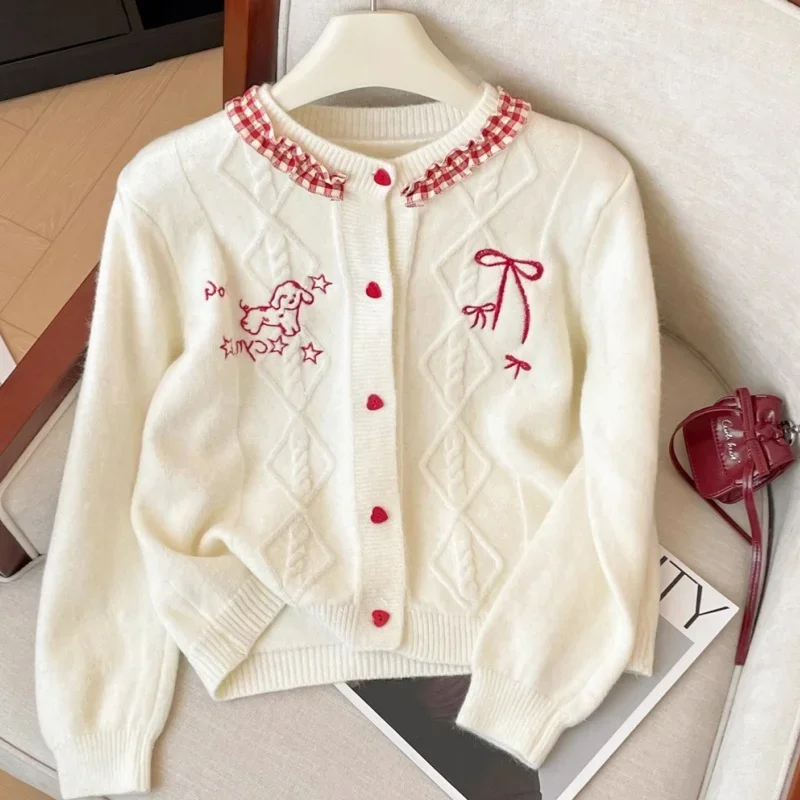 

High Quality Embroidery Cardigan Sweet Bow Cute Dog Cartoon Sweater Jacket Mori Girl Winter Sweater Coat Korean Fashion Women