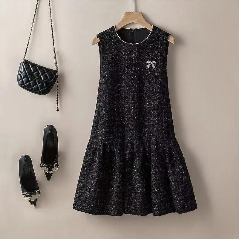 Small Fragrant style Nail bead round neck vest Dress 2026 Spring Autumn New Women's Fashion Temperament Sleeveless Vest Dresses