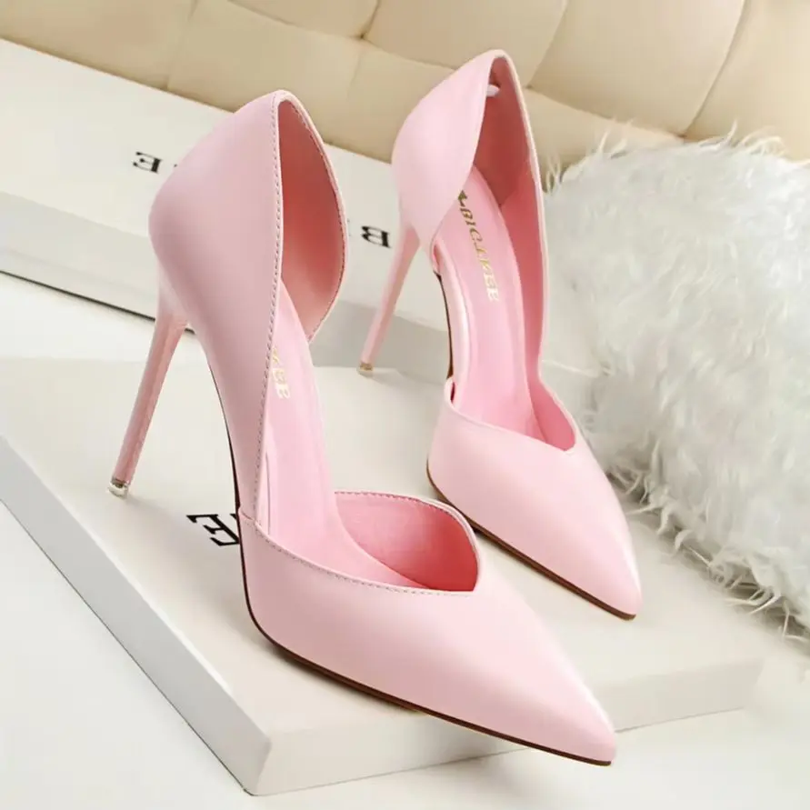 BIGTREE New Fashion Simple Sexy Nightclubs Show Thin Women's Shoes Thin Heels Ultra-high Heels Shallow Tip Hollow Single Shoes